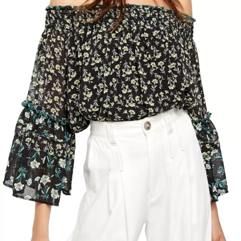 Free People Rose Valley flora printed off shoulder black green top Large